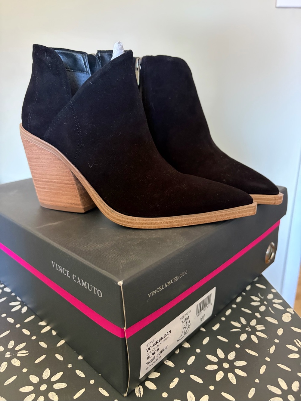 NWOT Vince Camuto Black Suede Pointed Toe Ankle Booties with Stacked Heel